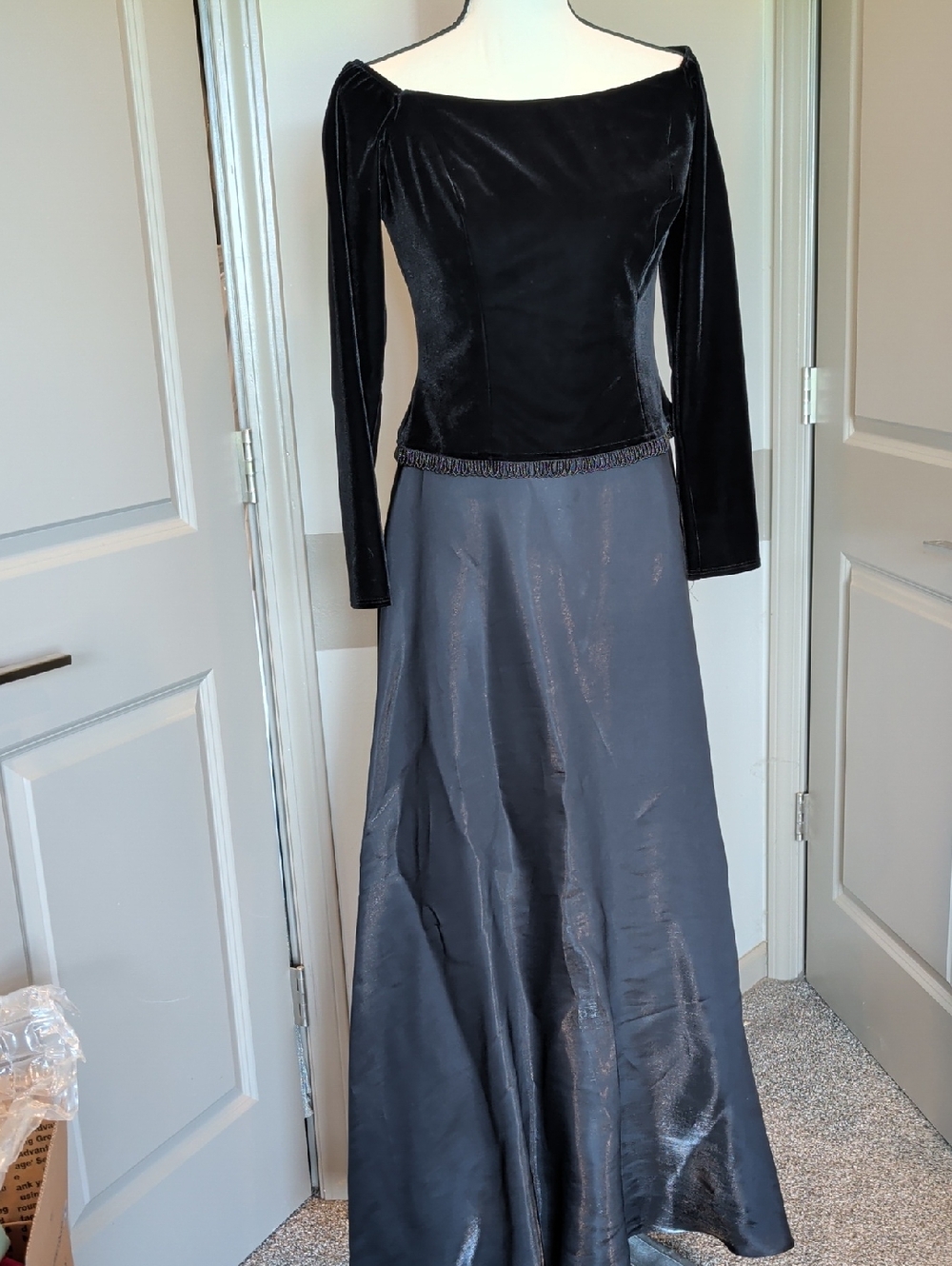 Betsy & Adam Black Velvet Top with Charcoal Satin Maxi Skirt